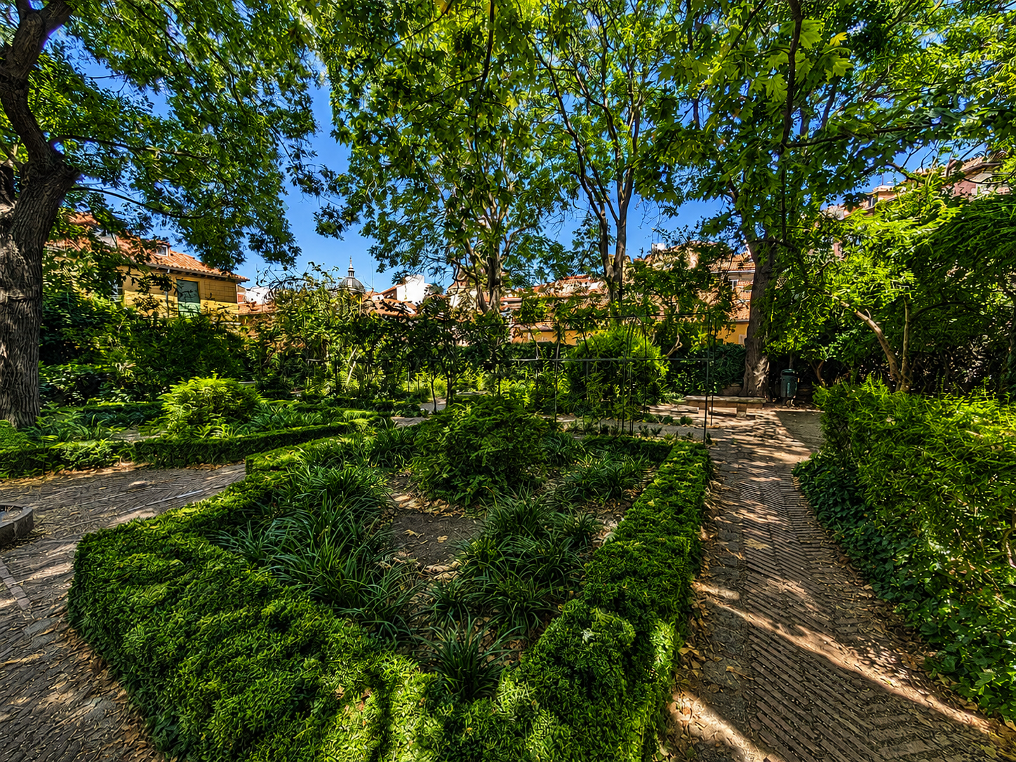 Giardino urbano ombreggiato da alberi rigogliosi